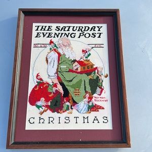 Norman Rockwell The Saturday Evening Post Christmas Handmade Framed Needlepoint